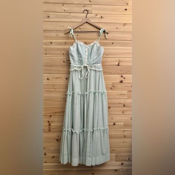 Vintage Size Small Baby Blue Lace Tiered Tie Strap Coquette Prairie Maxi Dress - Picture 1 of 14